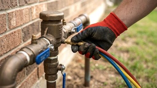 Technician in work gloves connecting test kit hoses to a brass backflow preventer beside a brick wall